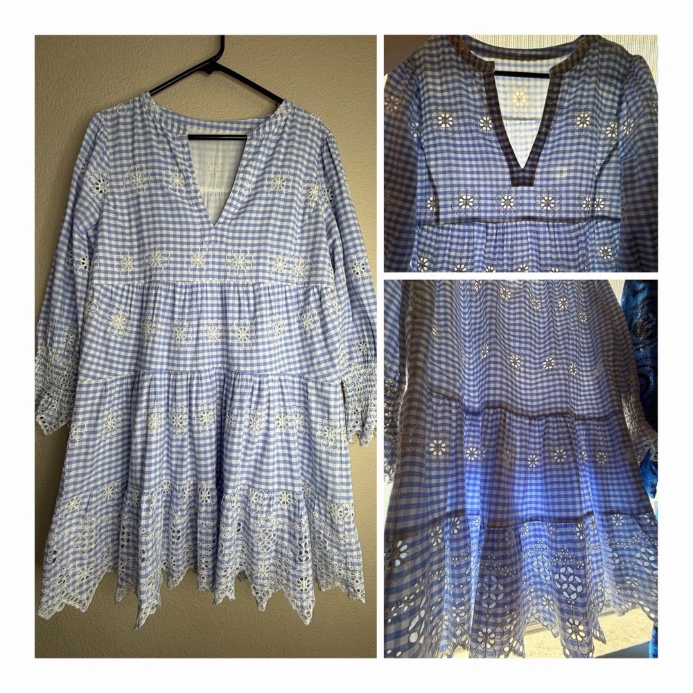 Sail To Sable Womens M Blue Gingham Floral Eyelet Embroidered 100% Cotton Dress